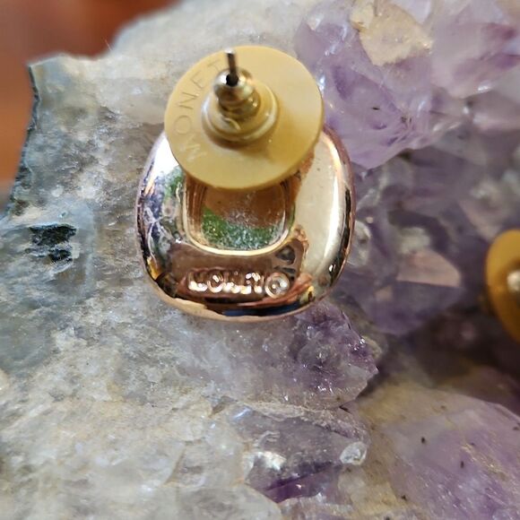 Monet Faux Morganite Checker Board Cut Gold Tone Stud Earrings - Picture 3 of 4